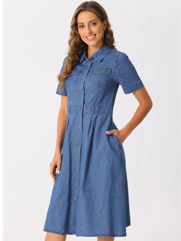 Denim Pockets Button Up Short Sleeve A-Line Midi Jean Shirt Dress sold by Allegra K