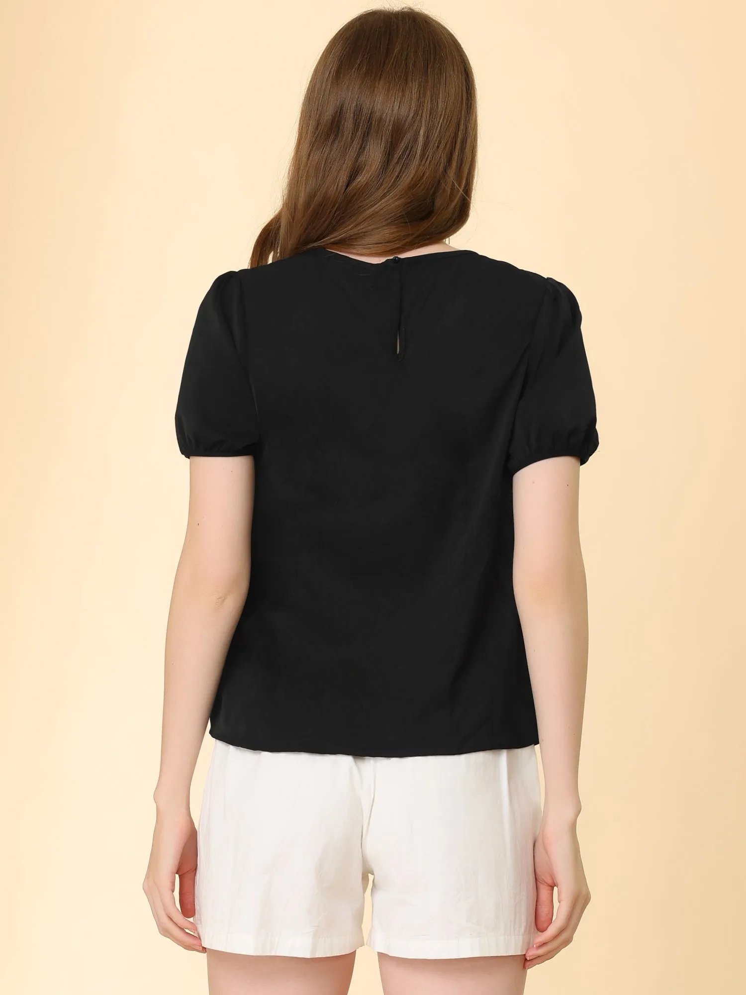 Mesh Panel Tops Puff Sleeve Crew Neck Work Summer Chiffon Blouse sold by Allegra K product image thumbnail 5