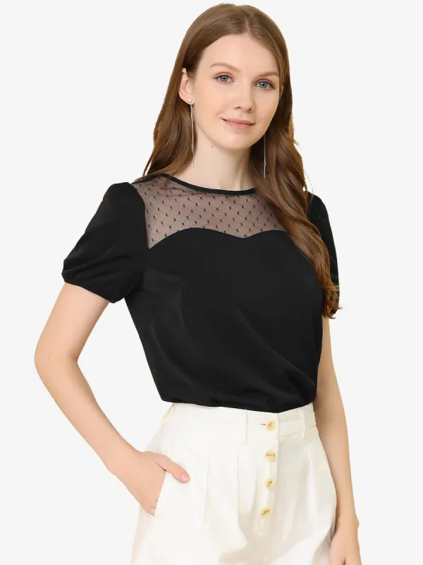 Mesh Panel Tops Puff Sleeve Crew Neck Work Summer Chiffon Blouse sold by Allegra K