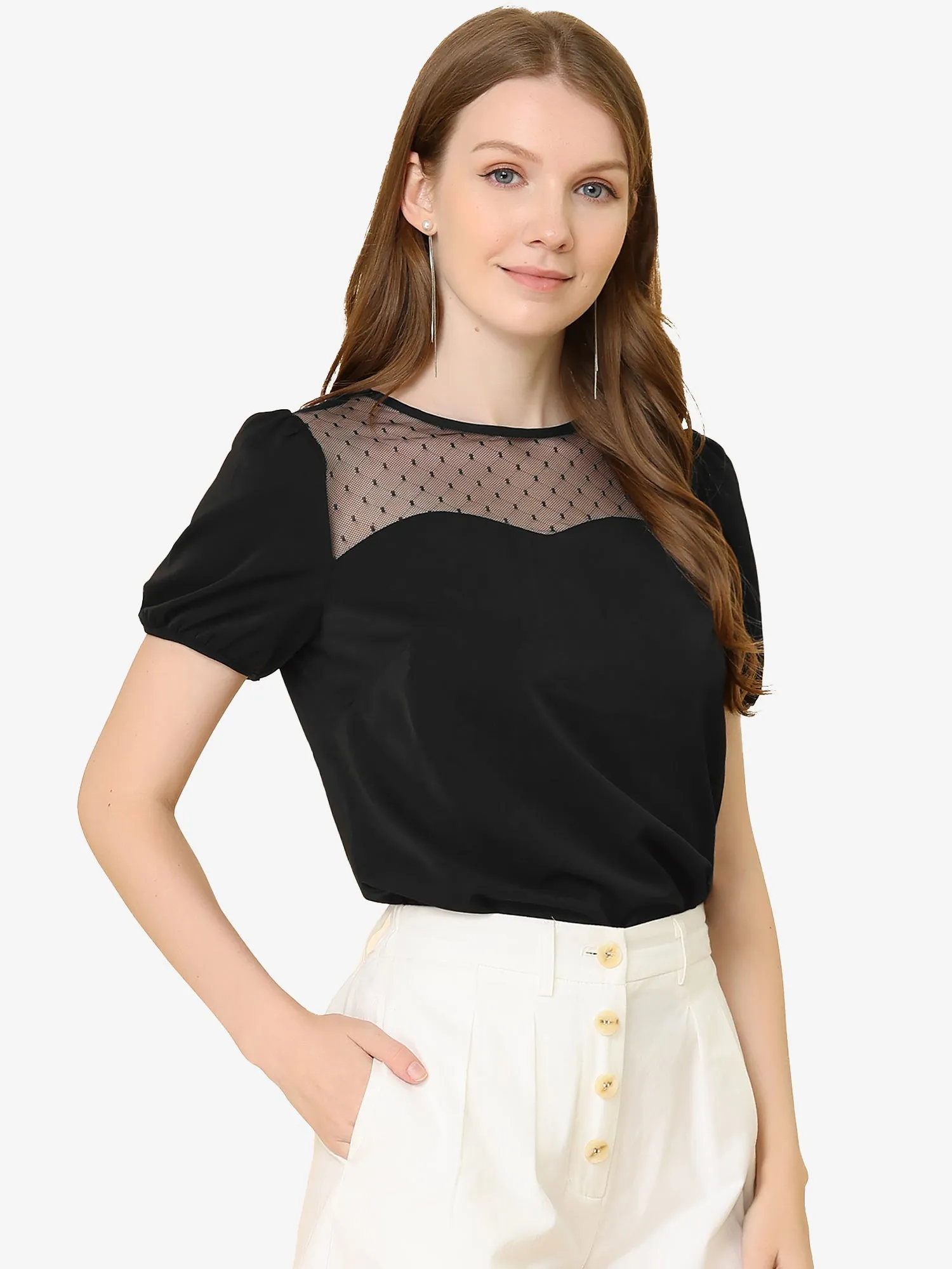 Mesh Panel Tops Puff Sleeve Crew Neck Work Summer Chiffon Blouse sold by Allegra K