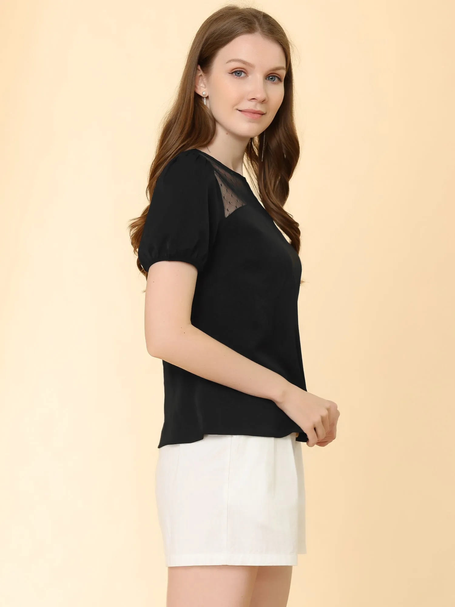 Mesh Panel Tops Puff Sleeve Crew Neck Work Summer Chiffon Blouse sold by Allegra K product image thumbnail 4