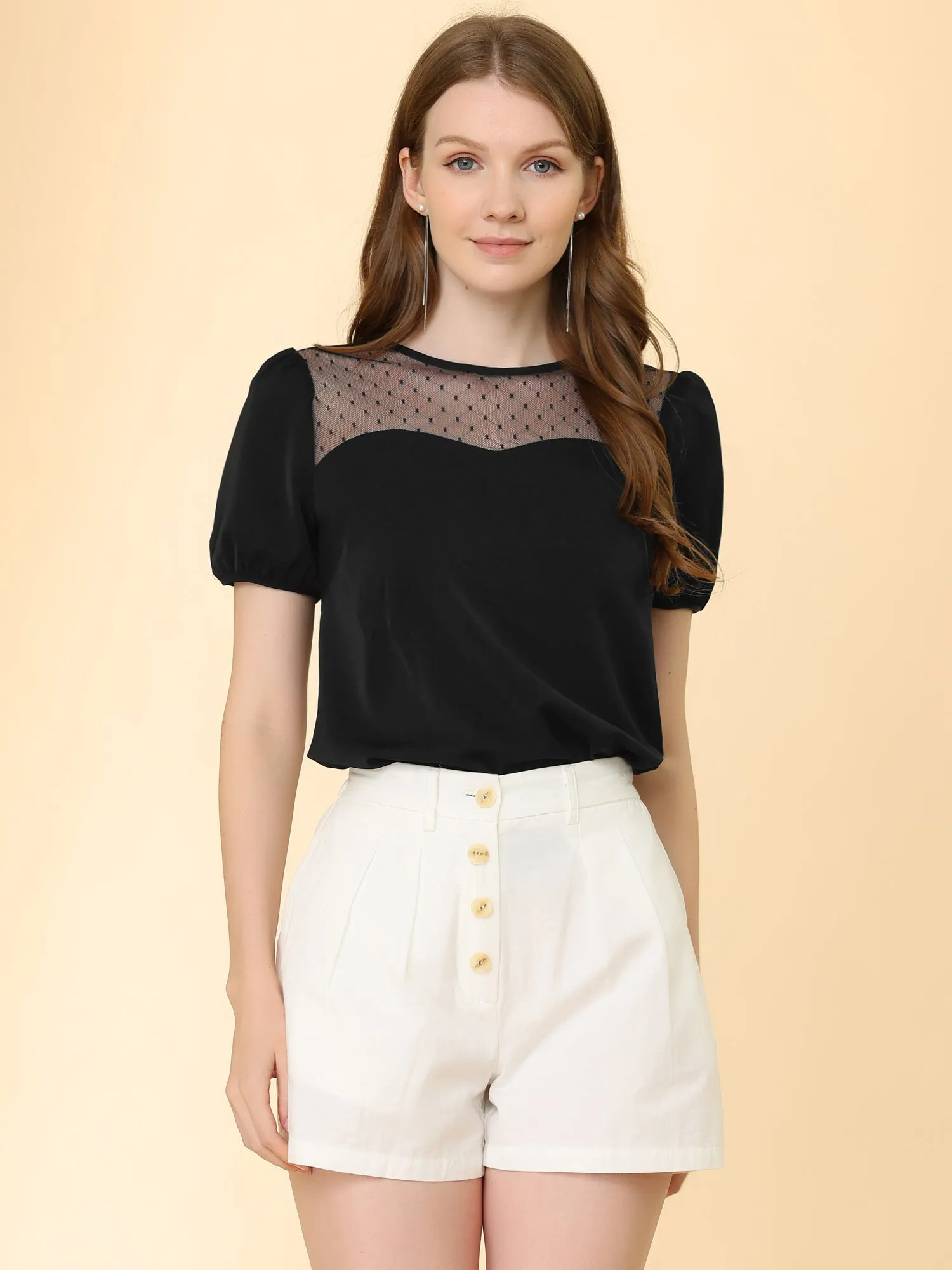 Mesh Panel Tops Puff Sleeve Crew Neck Work Summer Chiffon Blouse sold by Allegra K product image thumbnail 3