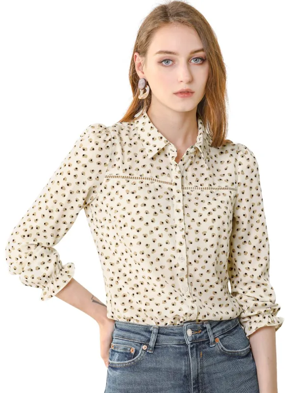Point Collar Tie Bow Neck Button Down Blouse Printed Shirt sold by Allegra K
