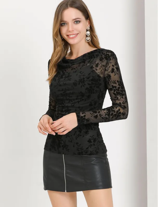 Slim Long Sleeve Cowl Neck Floral Sheer Mesh Blouse Top sold by Allegra K