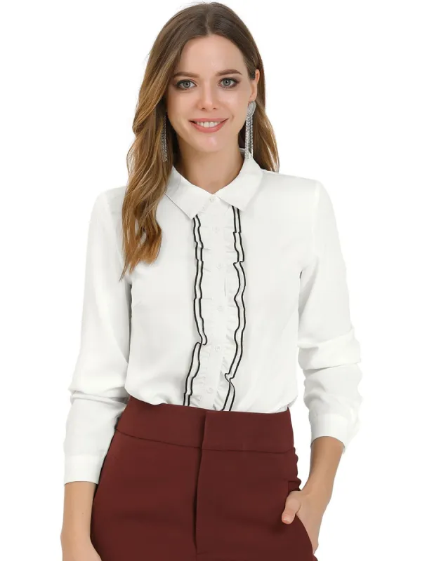 Women's Elegant Ruffle Trim Button Up Long Sleeve Blouse sold by Allegra K