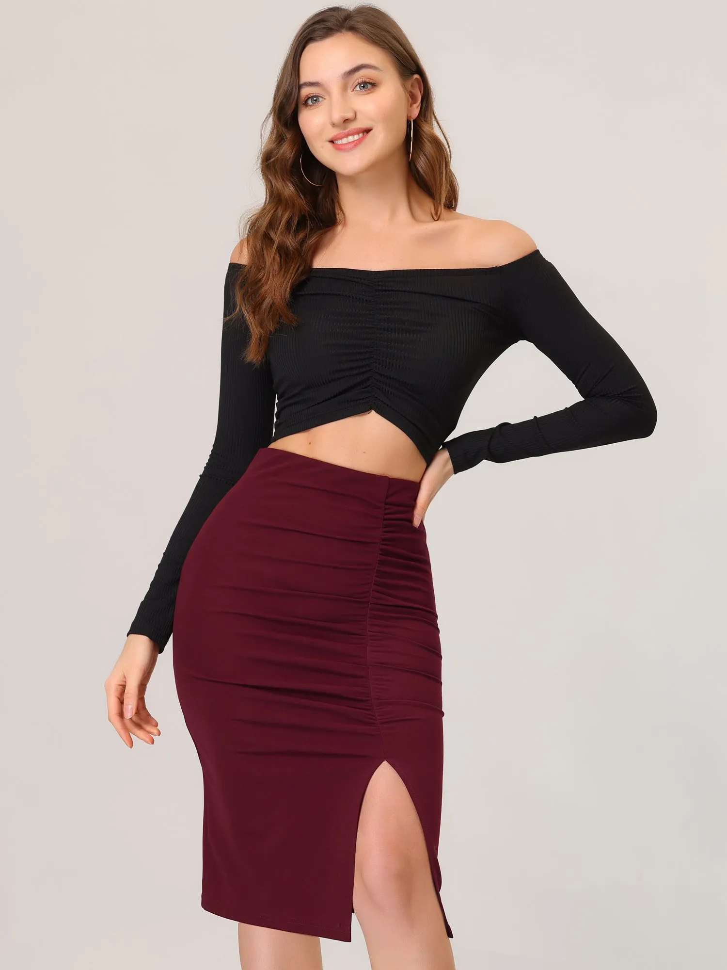 Business Stretchy Ruched Knee Length Pencil Skirt sold by Allegra K