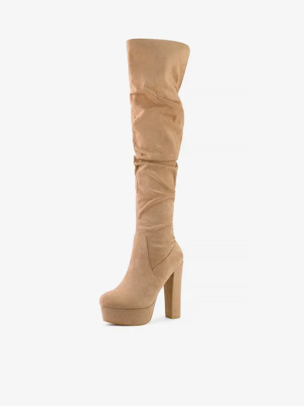 Round Toe Zipper V Shape Chunky Heel Over the Knee High Boots sold by Allegra K