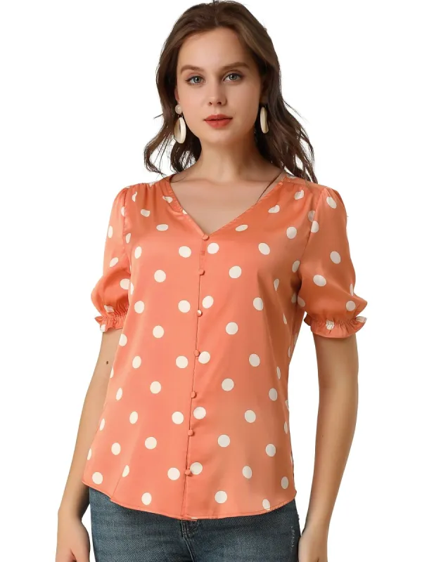 Women's Satin Blouse V Neck Polka Dots Print Button Down Puff Sleeve Top Shirt sold by Allegra K