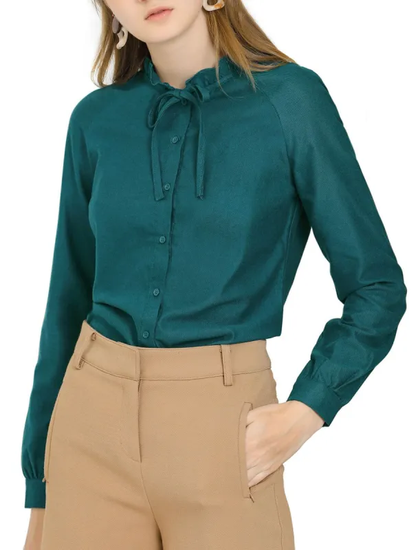 Women's Ruffled Tie Neck Raglan Sleeve Button Up Office Shirt sold by Allegra K