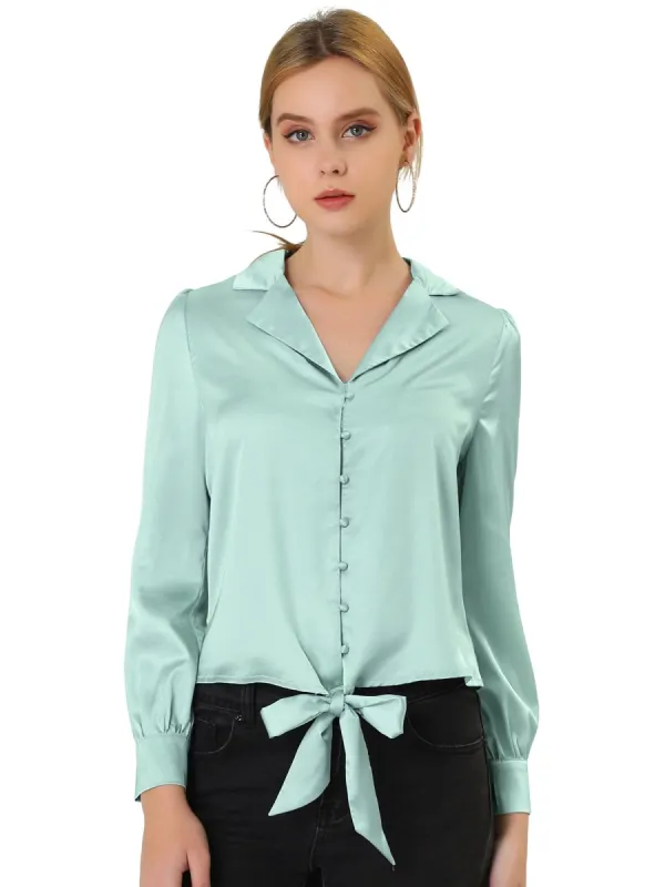 Women's Elegant Button Down Shirts Puff Sleeve Tie Front Satin Blouse Top sold by Allegra K