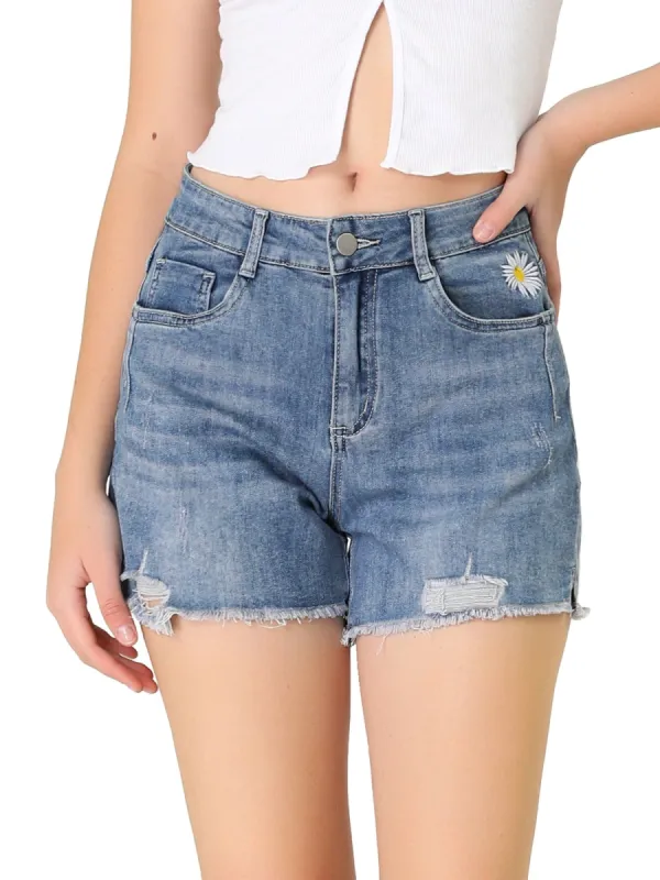 Women's Denim Shorts Frade Frayed Hem Ripped Daisy Floral Summer Jeans sold by Allegra K