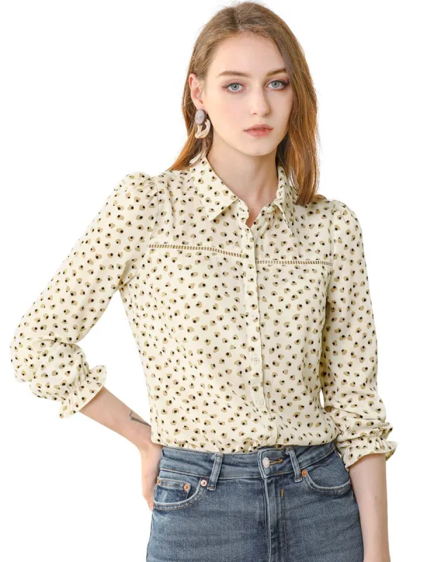 Women's Heart Printed Point Collar Tie Bow Neck Button Down Shirt Blouse sold by Allegra K