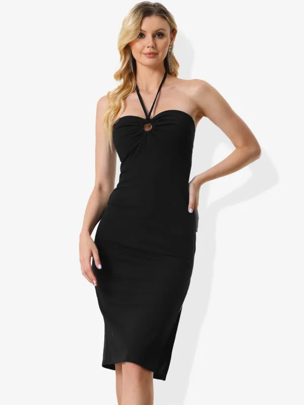 Halter Neck Keyhole Side Slit Sleeveless Bodycon Midi Dress sold by Allegra K