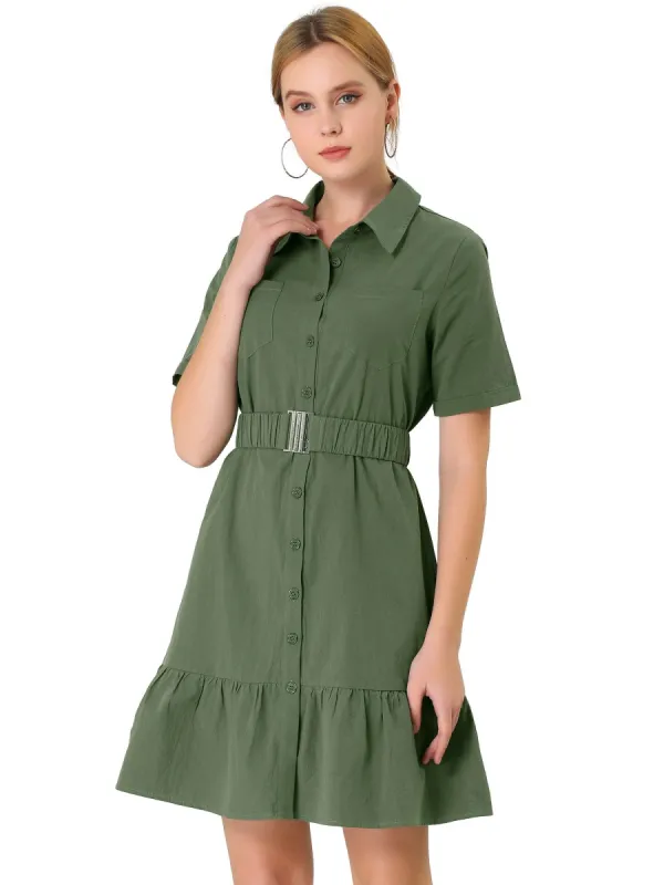 Women's Belted Ruffled Hem Button-Down Cotton Safari Shirt Dress sold by Allegra K