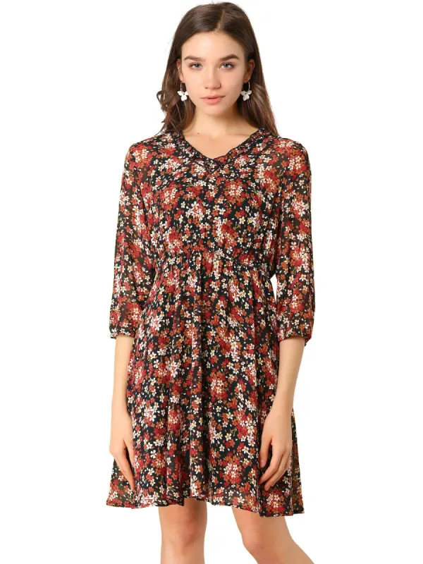 Women's Vintage Floral Ruffle V Neck 3/4 Sleeves Dress With Cami Dress sold by Allegra K