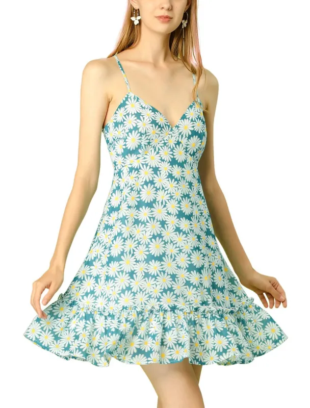 Women's Spaghetti Straps V-Neck Sundress Sleeveless Floral Summer Dress made by Allegra K