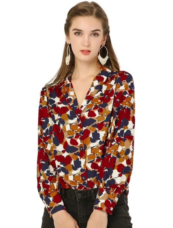 Women's V Neck Floral Casual Print Long Sleeve Button Down Shirt Tops sold by Allegra K