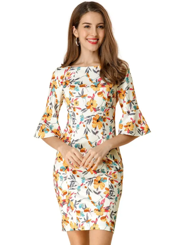Allegra K Boat Neck Bell Sleeve Floral Dress sold by Allegra K