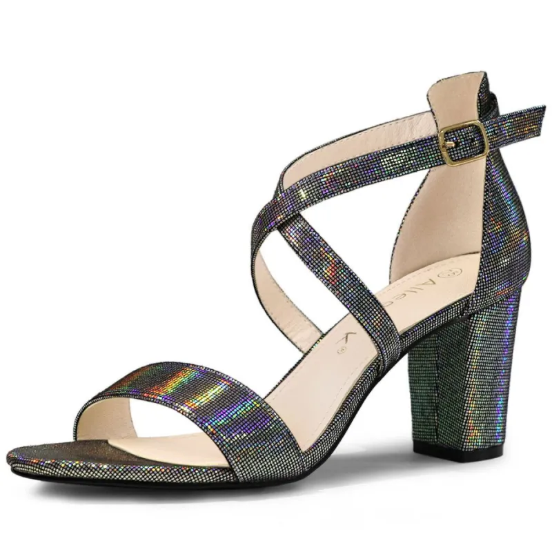 Women's  Colorful Cross Strappy Block Heel Sandals made by Allegra K