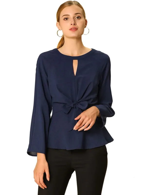 Allegra K Basic Keyhole Round Neck Tie Waist Bracelet Sleeve Top sold by Allegra K