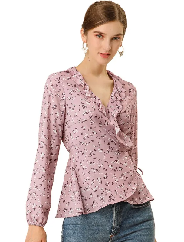 Allegra K Floral Print Crossover Ruffle V Neck Self Tie Wrap Peplum Top sold by Allegra K
