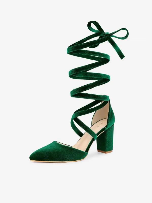 Women's Velvet Lace Up Chunky Heels Pointed Toe Pumps sold by Allegra K