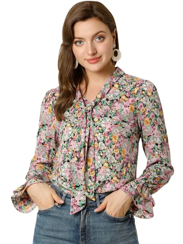Allegra K Tie V Neck Blouse Long Trumpet Sleeve Floral Shirt sold by Allegra K