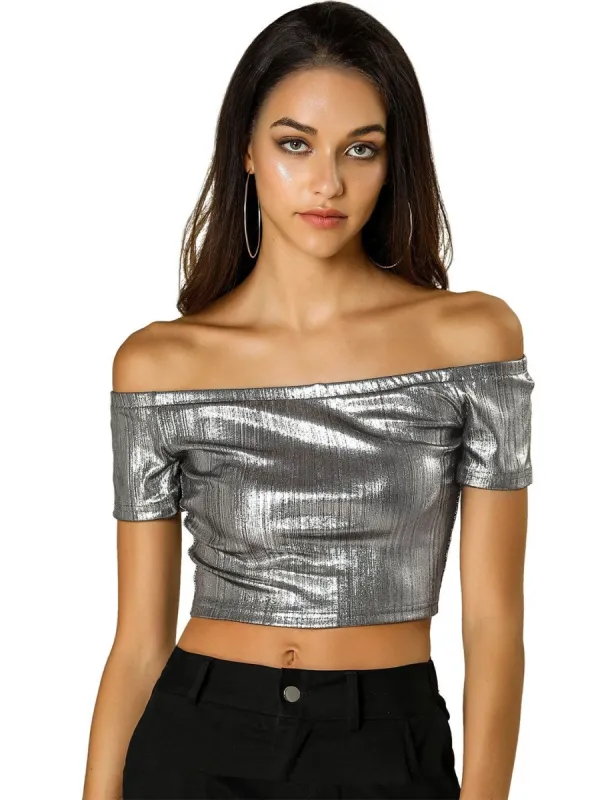 Allegra K Metallic Shiny Party Club Off Shoulder Crop Top sold by Allegra K