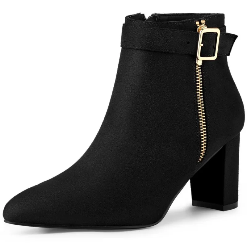 Women's Pointed Toe Buckle Zip Block Heel Ankle Booties sold by Allegra K