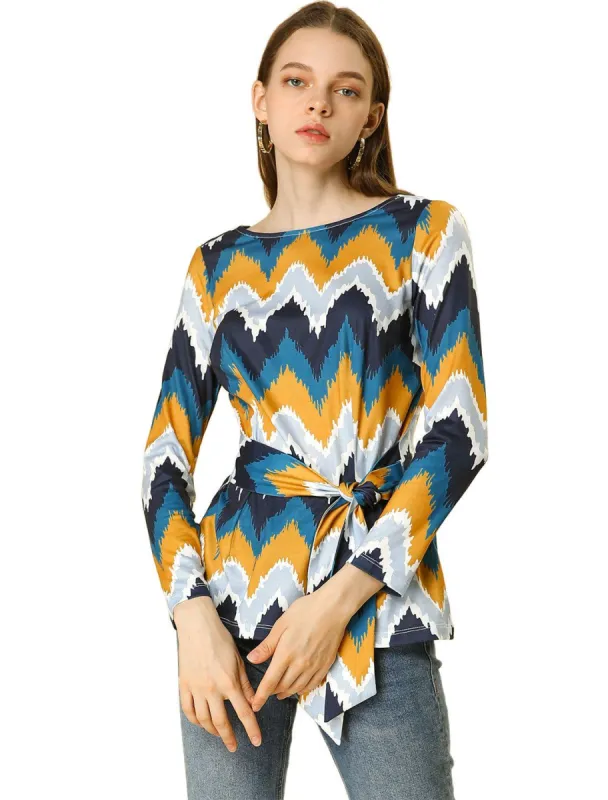 Allegra K Crew Neck Casual Knit Top with Belt in Zigzag Pattern sold by Allegra K
