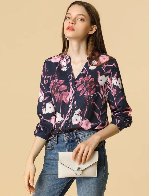 Allegra K Button Down Stand Collar V Neck Long Sleeve Floral Blouse sold by Allegra K