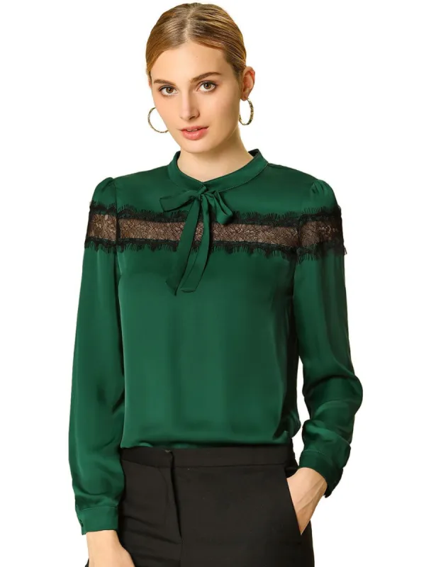 Women's Lace Patchwork Solid Bow Tie Neck Casual Long Sleeve Blouse Top sold by Allegra K