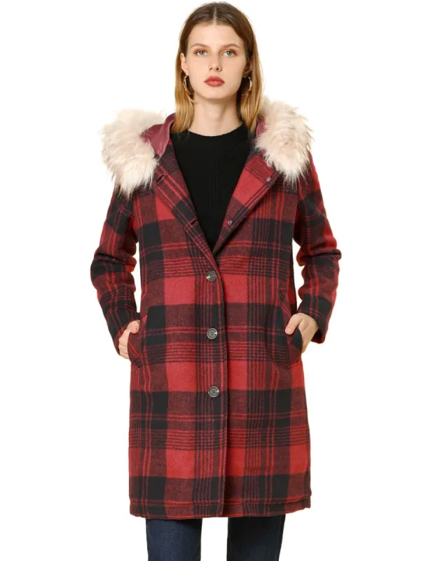 Allegra K Plaid Single Breasted Jacket with Removable Faux Fur Hood sold by Allegra K