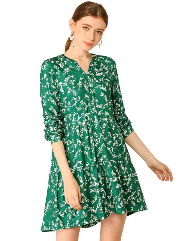 Allegra K Floral V Neck Cinched Waist Long Sleeve Dress sold by Allegra K