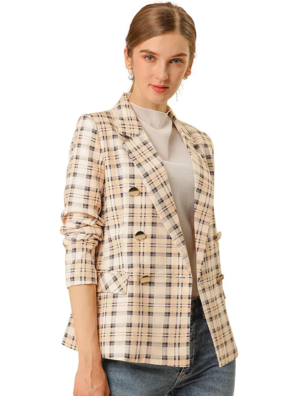 Women's Notched Lapel Double Breasted Plaid Formal Blazer Jackets sold by Allegra K