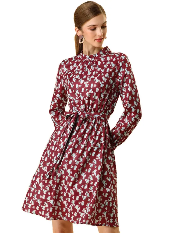 Allegra K Floral Long Sleeve Mock Neck Tie Waist Dress sold by Allegra K