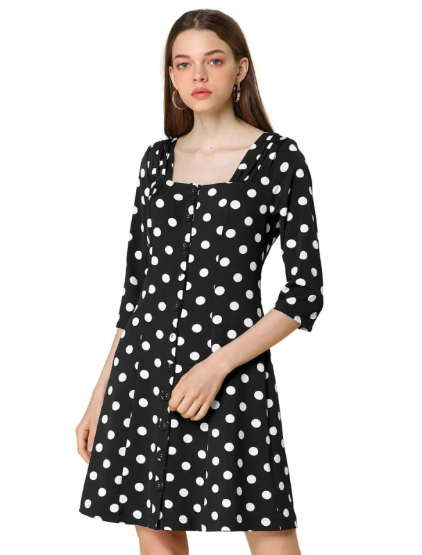 Allegra K Polka Dot Ruched Square Neck Button Front A-Line Dress sold by Allegra K