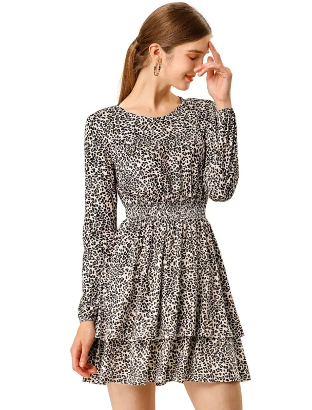 Women's Leopard Print Long Sleeve Layered Ruffle Hem Dress sold by Allegra K