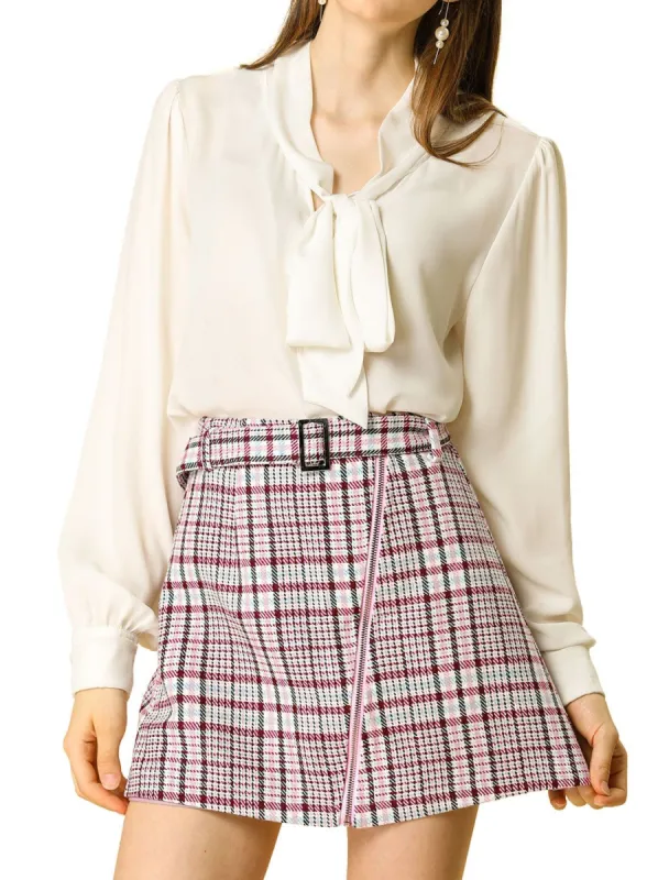 Women's Full Zip Front High Waist A-Line Short Plaids Print Mini Skirt with Belt sold by Allegra K