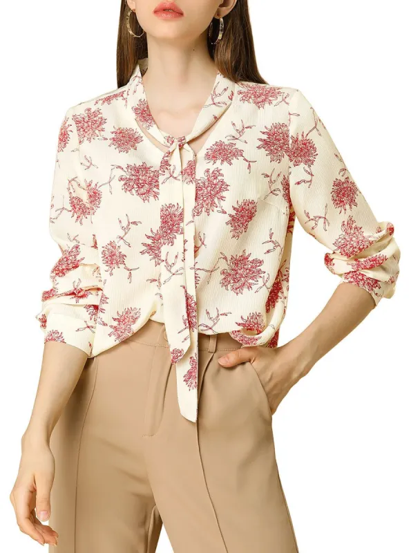 Women's Long Sleeve Tie V Neck Chrysanthemum Floral Print Top sold by Allegra K