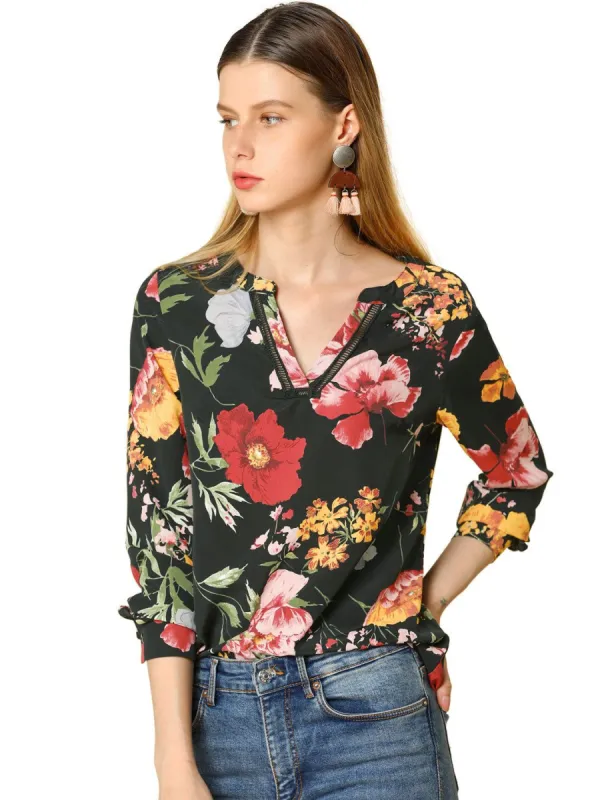 Allegra K Stand Collar V Neck Long Sleeve Blouse in Floral Print sold by Allegra K
