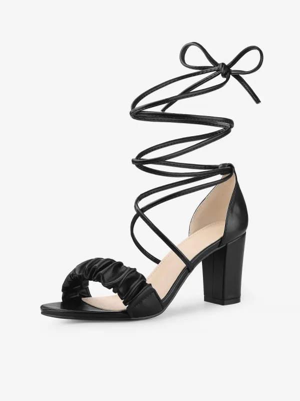 Women's Open Toe Slouching Front Strap Lace Up Chunky Heels Sandals sold by Allegra K