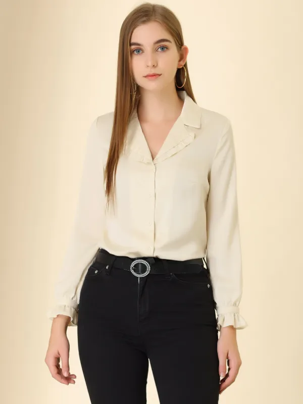 Long Sleeve Satin Casual Work Top Button Down V Neck Blouse sold by Allegra K