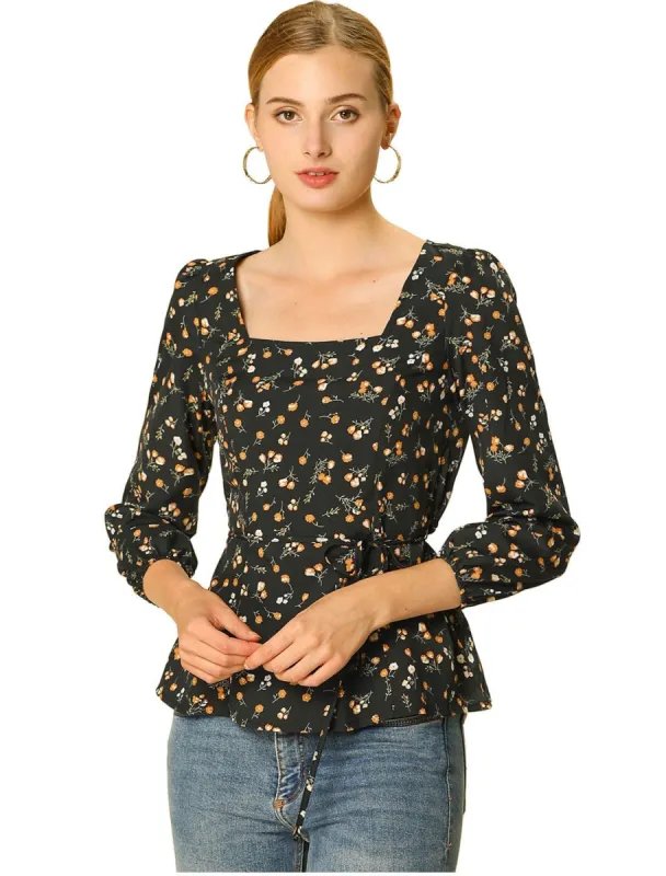 Allegra K Floral Print Square Neck Long Sleeves Tie Waist Blouse sold by Allegra K