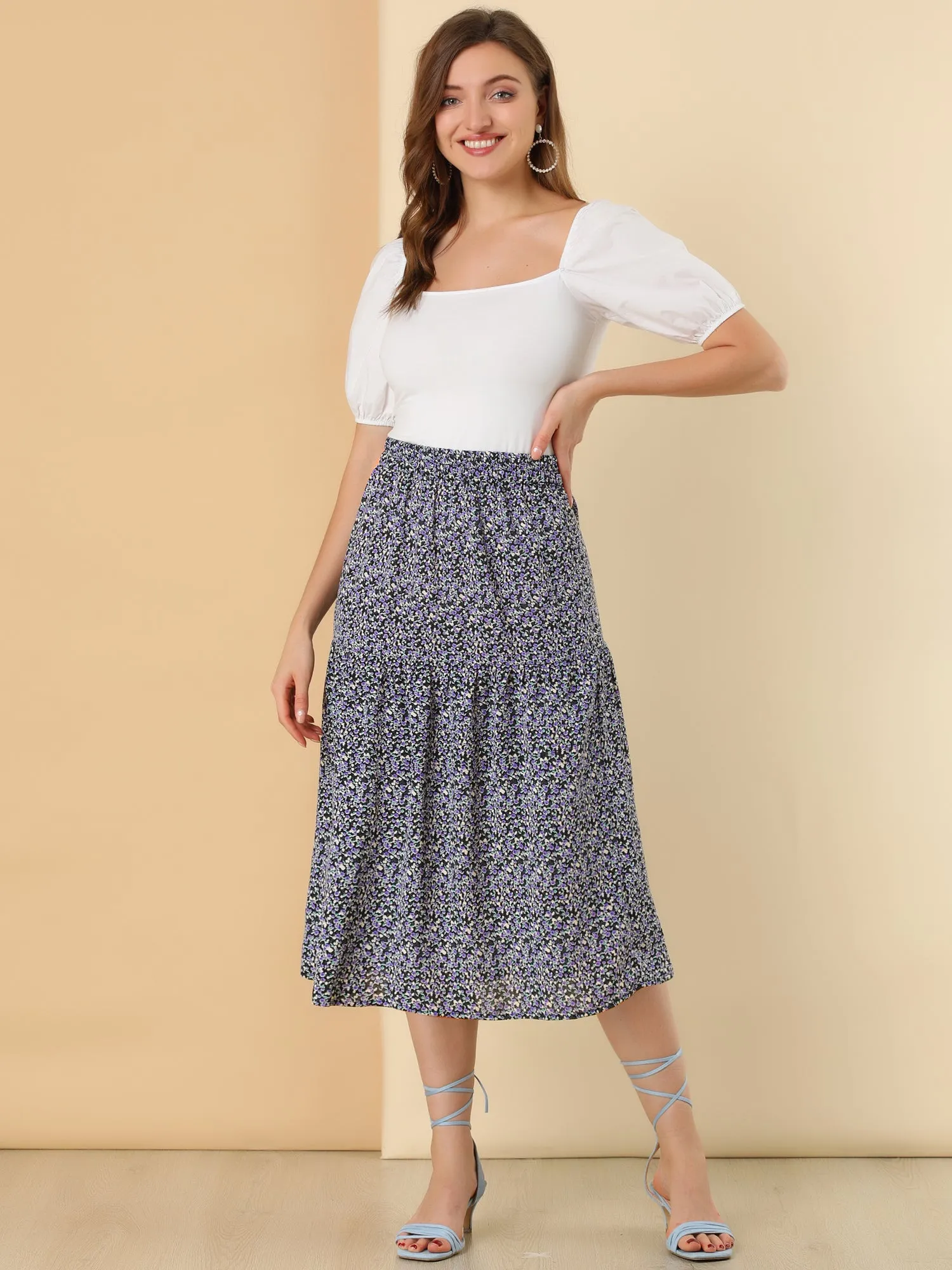 Vintage A-Line Elastic Waist Floral Flowy Midi Skirt sold by Allegra K product image thumbnail 3