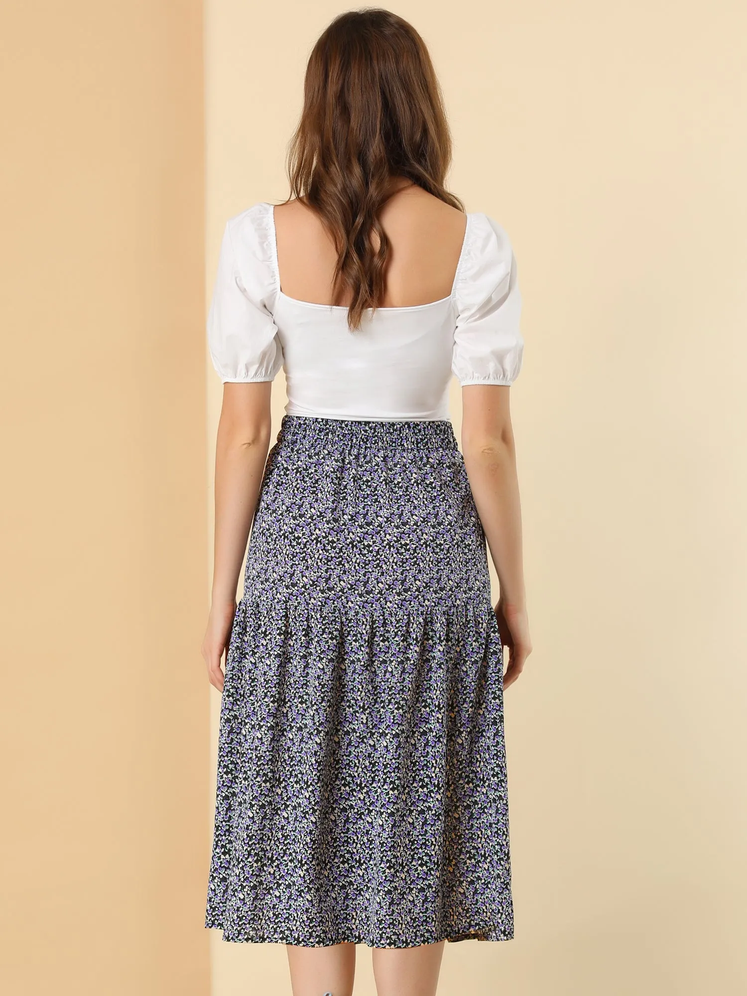 Vintage A-Line Elastic Waist Floral Flowy Midi Skirt sold by Allegra K product image thumbnail 5