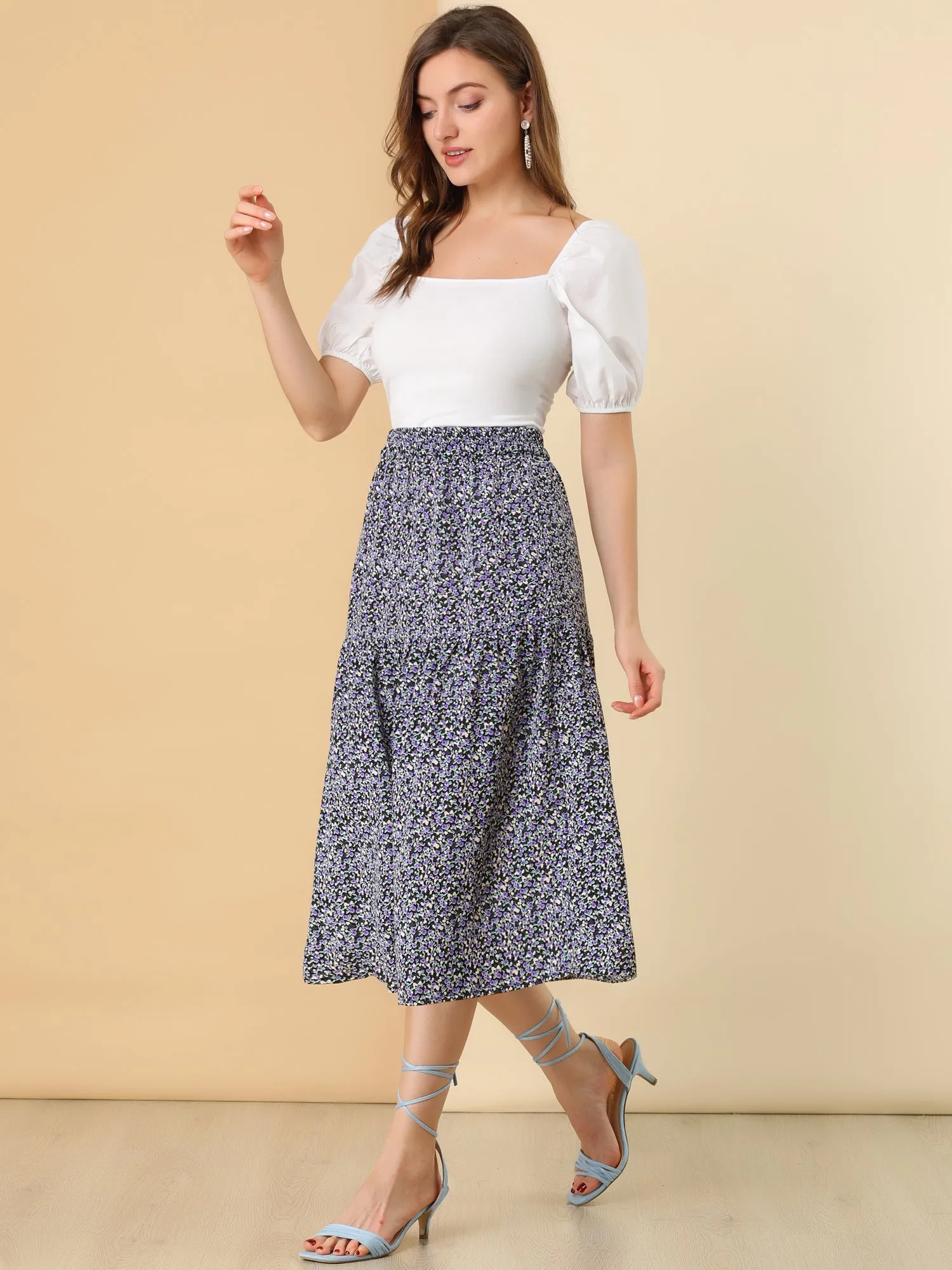 Vintage A-Line Elastic Waist Floral Flowy Midi Skirt sold by Allegra K product image thumbnail 2