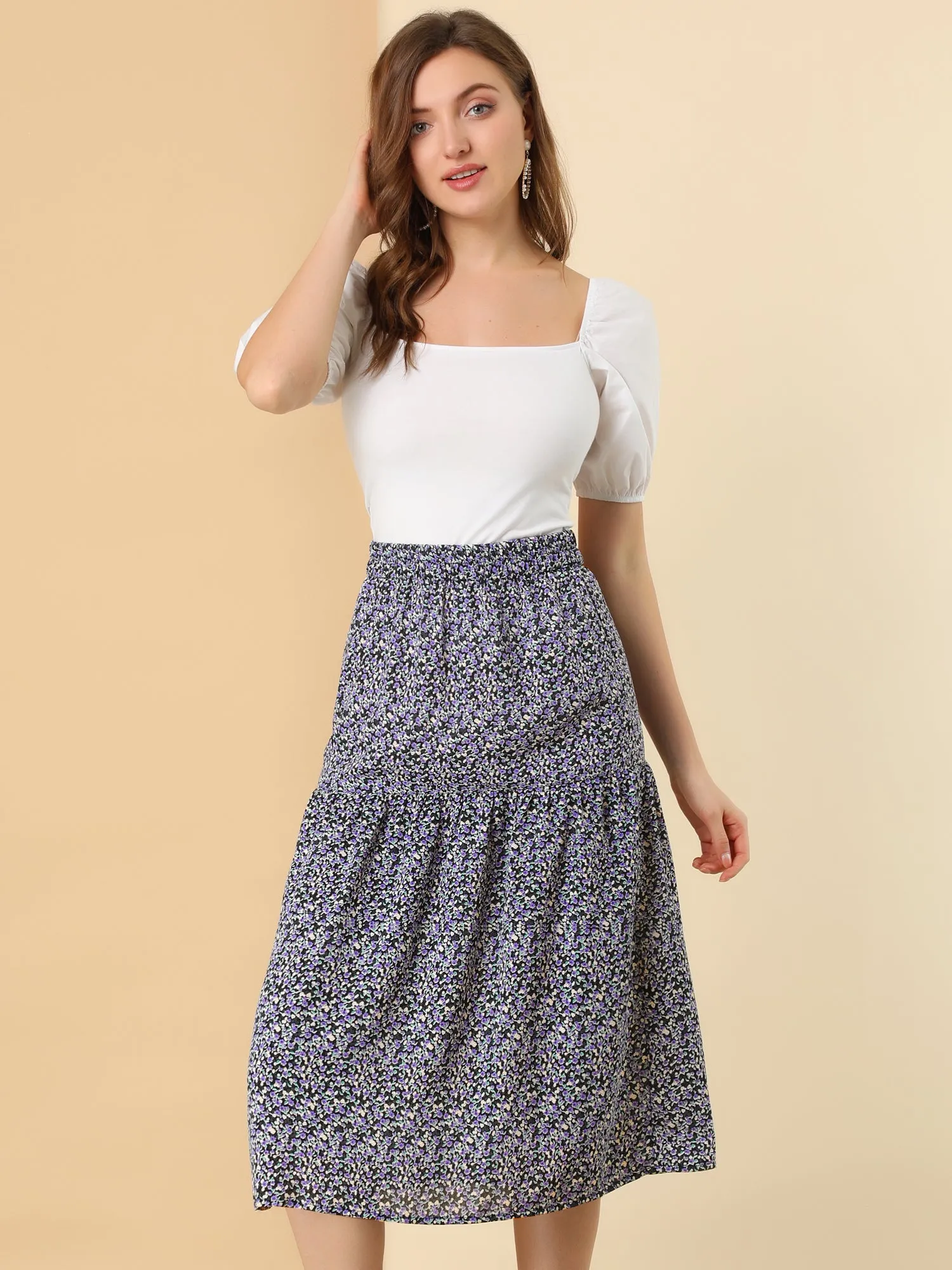 Vintage A-Line Elastic Waist Floral Flowy Midi Skirt sold by Allegra K product image thumbnail 4