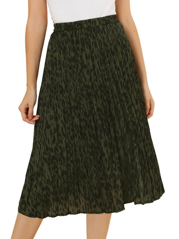 Women¡®s Casual Leopard Print Elastic Wasit Pleat A-Line Skirt sold by Allegra K