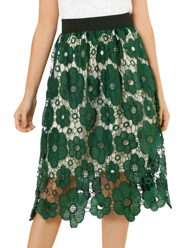 Women's Vintage Floral Lace Elastic Waist Layered A-Line Skirt sold by Allegra K